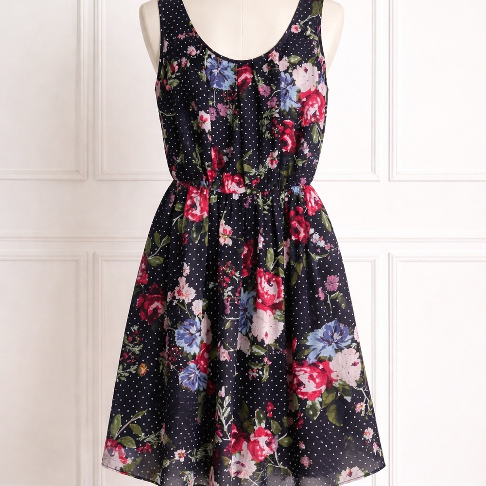 By & By Navy Floral Midi Dress With Polka Dots Size Girls XL/16
